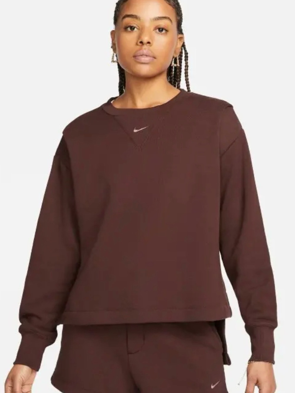 Nike Women Modern Fleece Crewneck Loose high low Sweatshirt Deep Brown XS